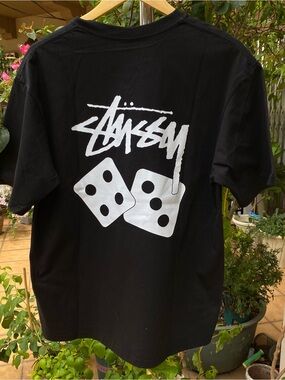 Stussy Black T‑Shirt with White Logo & Dice Graphic